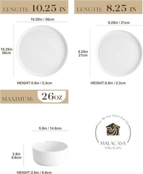 MALACASA 12 Pieces Porcelain Dinnerware Set, Modern White Dish Set for 4, Premium Serving Plates and Bowls Sets, Chip and Scratch Resistant Dishware Sets Kitchen Dishes Dining Ware Set, Series LEAH - Image 6