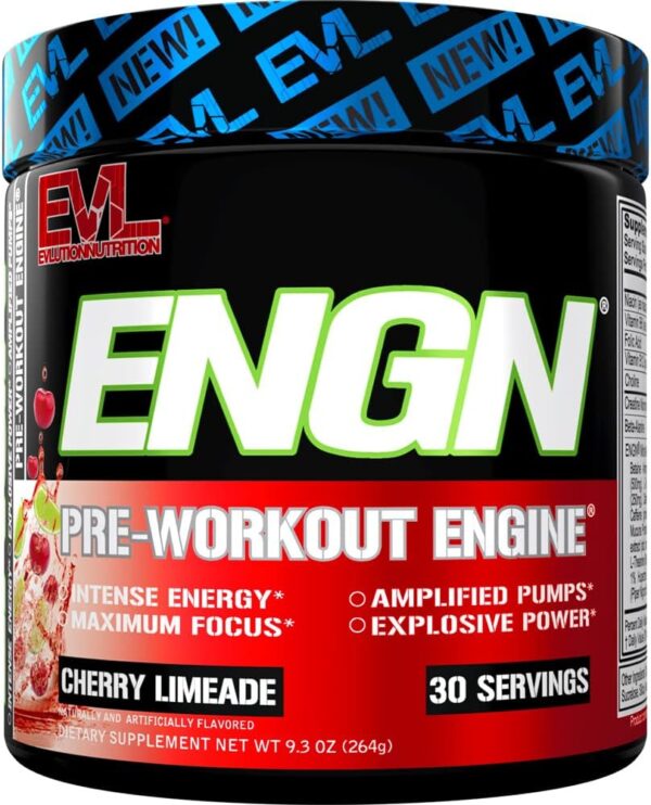 EVL Intense Pre Workout with Creatine - Pre Workout Powder Drink for Lasting Energy Focus and Recovery - ENGN Energizing Pre Workout for Men with Beta Alanine Caffeine and L Theanine - Cherry Limeade