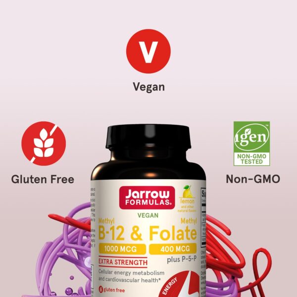 Jarrow Formulas Extra Strength Methyl B-12 1000 mcg & Methyl Folate 400 mcg + P-5-P, Dietary Supplement for Cellular Energy Metabolism and Cardiovascular Support, 100 Chewable Tablets, 100 Day Supply - Image 4