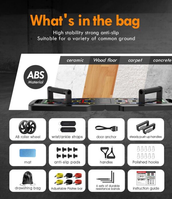 Push Up Board,Home Gym,Portable Exercise Equipment,Pilates Bar & 20 Fitness Accessories with Resistance Bands & Ab Roller Wheel,Full Body Workout at Home. - Image 3