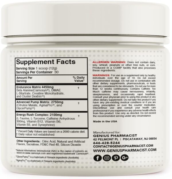 Genius Pharmacist PRE-Workout Warm-UP Explosive Energy Watermelon - 360 Grams - Image 2