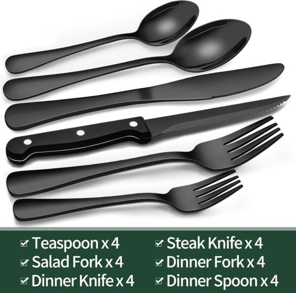 24-Piece Black Silverware Set with Steak Knives, Black Flatware Set for 4, Food-Grade Stainless Steel Tableware Cutlery Set, Mirror Finished Utensil Sets for Home Restaurant - Image 6