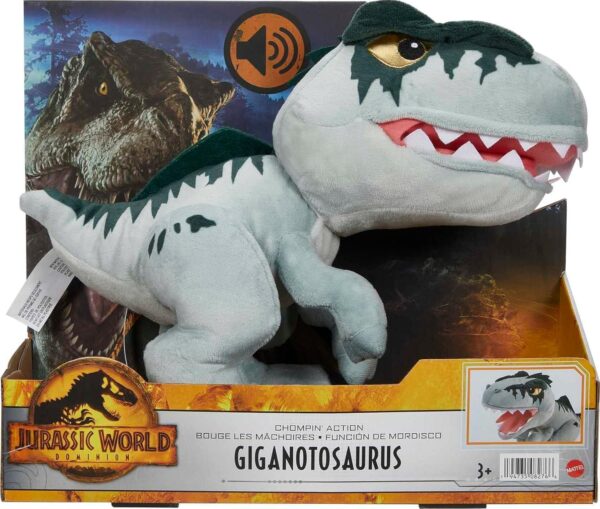 Mattel Jurassic World Dominion Chompin’ Action Giganotosaurus Plush Dinosaur Figure, Soft Doll with Roar Sound and Chomp Motion, Toy Gift