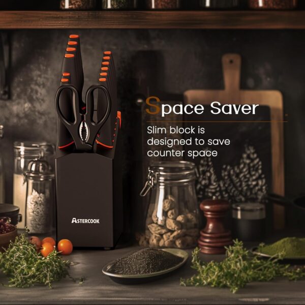 Knife Set, Astercook 15 Pcs Dishwasher Safe Kitchen Knife Set with Built-in Sharpener, High Carbon German Stainless Steel Black Knife Block Set - Image 3