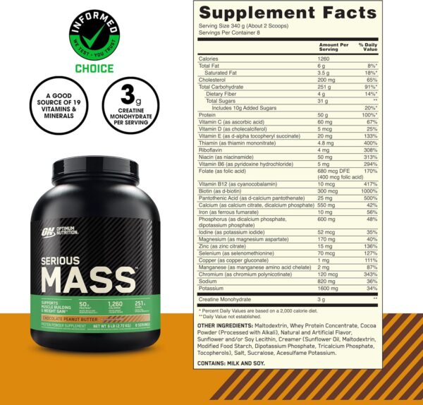 Optimum Nutrition Serious Mass, Weight Gainer Protein Powder, Mass Gainer, Vitamin C and Zinc for Immune Support, Creatine, Chocolate Peanut Butter, 6 Pound (Packaging May Vary) - Image 2