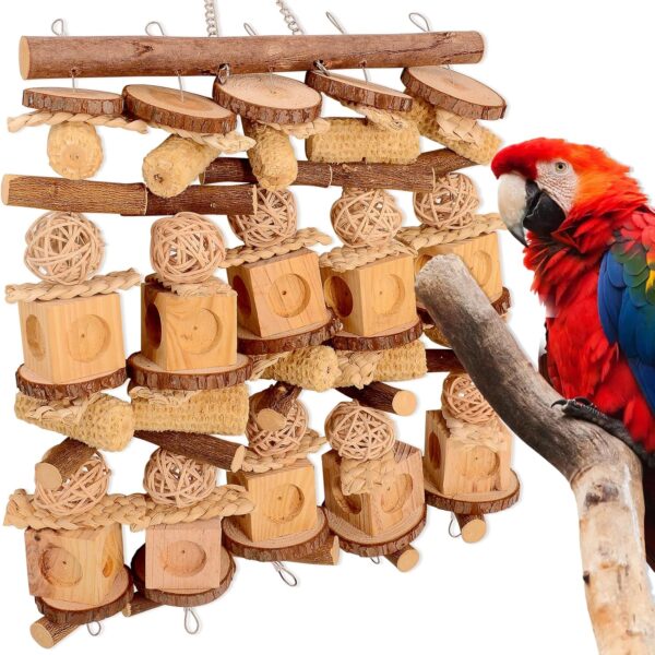 Extra Large Bird Parrot Chewing Toys for Big Birds, Suitable for Macaw, Cockatoo, African Grey, Amazon Parrots, 15.7"x15.7"x1.77", Natural Wood and Corn Husks, Extra Large Bird Cage Accessories