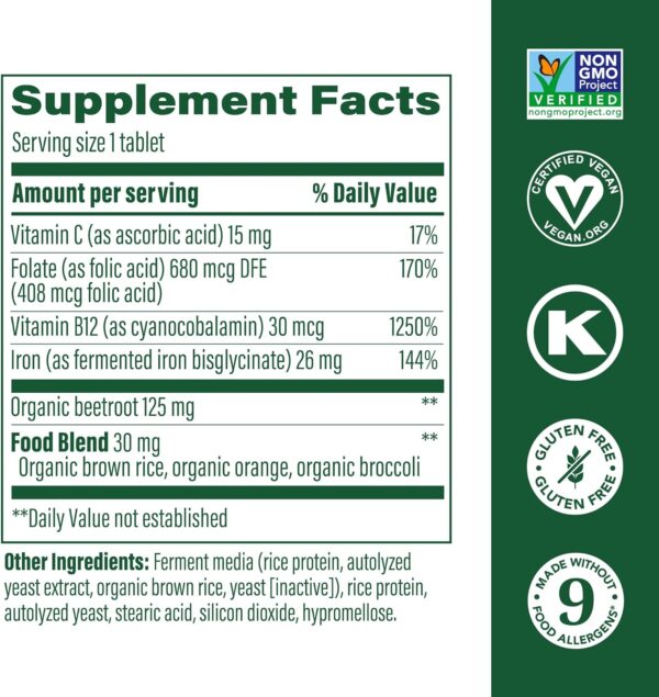MegaFood Blood Builder - Iron Supplement Clinically Shown to Increase Iron Levels Without Side Effects - Iron Supplement for Women with Vitamin C, Vitamin B12 and Folic Acid - Vegan - 30 Tabs - Image 2