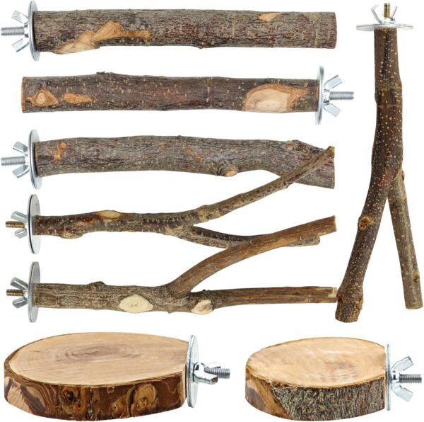 8 Pieces Natural Wood Bird Perch Wooden Parrot Perch Stand Fork Toys Hanging Multi-Branch Perch Platform Hammock Swing Toy for Macaws, Small Parakeets, Conures, Budgies, Finches - Image 2