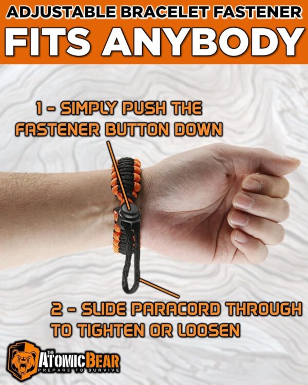 Atomic Bear Paracord Bracelet (2 Pack) - Adjustable - Fire Starter - Loud Whistle - Perfect for Hiking, Camping, Fishing and Hunting - Black & Black+Orange - Image 2
