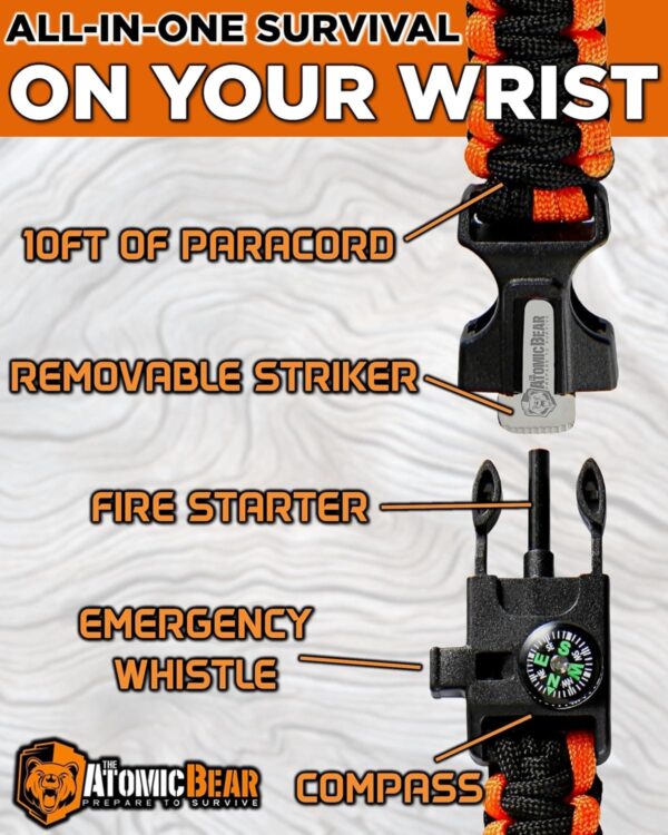 Atomic Bear Paracord Bracelet (2 Pack) - Adjustable - Fire Starter - Loud Whistle - Perfect for Hiking, Camping, Fishing and Hunting - Black & Black+Orange - Image 4
