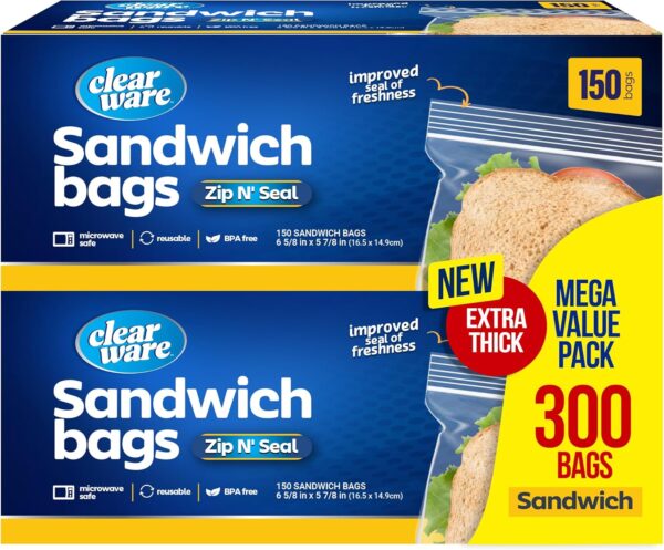 Sandwich Bags Zipper Top- 300 Count, Resealable Plastic Food Storage Bags For Lunch, Snacks - Reusable Zipper Lock Containers for Fruit, Veggies - Freezer & Microwave-Safe, Strong Seal - 2 Boxes